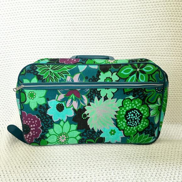 Vintage 60s Green Mod Groovy Floral Print 3 Piece Soft Shell Japan Suitcase Set - Picture 9 of 16